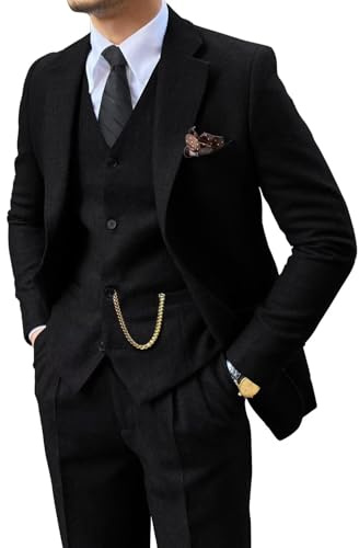 Retro 3 Piece Suit Tweed Herringbone Men's Suits Slim Fit Groom Tuxedos Set Prom Brown Grey Jacket Blazer Vest Pants, Black, 4XL