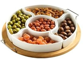 Peelanmall Snacksskål med bambuserveringsbräda, 5 keramiska fack, 28,5 cm diameter, serveringsfat för snacks, dips och förrätter