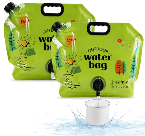 dellyy 2 Pièces Bidon à Eau avec Robinet, Portable jerrican Eau, 8L Camping Réservoir d'eau, Pliable Poche d'eau, Réutilisable Sac d'eau Pliable, sans BPA Bidon à Eau, Réservoir d'eau avec Robinet
