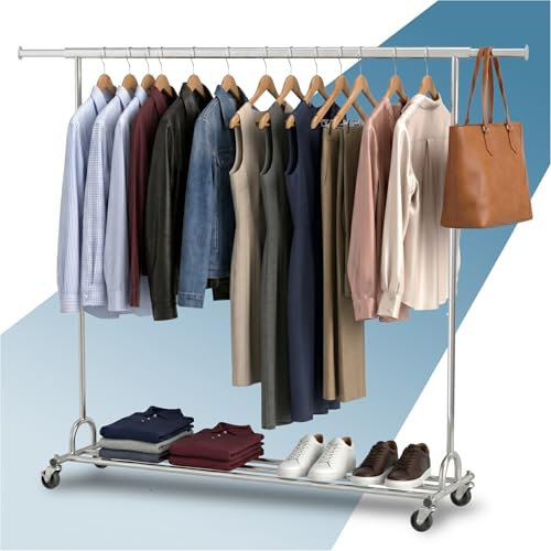 PORTENTUM Perchero burro ropa resistente extensible con ruedas y frenos – hasta 130 kg de carga – Organizador ropa de acero de 45 x (160-200) x 161,5 cm – Percheros de pie con almacenaje inferior