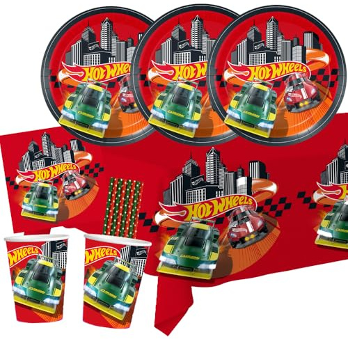 BeenSmile Hot Wheels - Bordsset för fest (8 barn), racerbil design | Papptallrikar, pappersmuggar, servetter, papperssugrör
