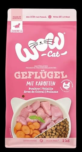 Wow Cat Junior - Alimento seco con aves de corral y zanahorias, sin cereales, 87% de proteínas animales, 2 kg