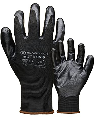 Blackrock Super Grip Work Gloves - Black Nitrile, Safety for Men Women, Roofing, Warehouse, Thin, DIY, Gardening, Outdoor - Size 9/Large