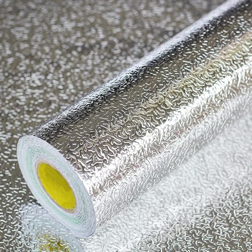 Beminh Kitchen Wallpaper Oil Proof Sticker Backsplash Aluminum Foil Self-Adhesive Paper Silver Cabinet Liner Shelf Liner Waterproof and Heat Resistant Peel and Stick Backsplash(15.7X118 Inches)