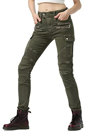 GEBIN Donna Moto Biker Jeans, Pantaloni Da Moto, Pantaloni Anticaduta Biker Motociclista Pantalone Moto Jeans Stretch Con 2 Protezioni Ginocchia E 2 Protettori Anca (Green,M=W31.4''(80cm))
