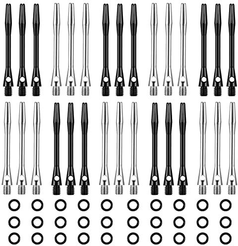 Skylety 30 Pcs Dart Shafts for Steel Tip Medium 2BA Thread Aluminium Alloy Dart Stems 50 mm 53 mm with Rubber Rings Replacement Harrows Dart Accessories and Flights (Plain Style, Black and Silver)