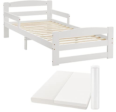 Juskys Jugendbett Arona 90x200 cm mit Matratze - Bettgestell aus Massivholz in Weiß - Einzelbett mit Rausfallschutz - Stauraum unter dem Bett