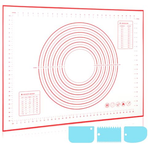 LXUDN Silikon Backmatte 40 * 60cm, Antihaft Teigmatte, Backunterlage Messmarken, Teigunterlage Rutschfester Boden, Teigmatte Silikon für Teig Fondant Pizza Teig Brot(Rot+3Pcs Schaber)
