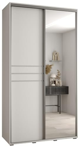 MEBLE KRYSPOL Davos 11 130 Schrank mit Zwei Schiebetüren für Schlafzimmer - Moderner Schrank mit Spiegel, Kleiderstange und Regalen - 235,2x130x45 cm - Weiß Weiß Silber