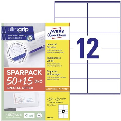 AVERY Zweckform 6175-65 - Adesivi per indirizzi (600 più 180 etichette adesive extra, 105 x 48 mm su A4, carta opaca, etichette per il mittente stampabili, etichette autoadesive con ultragrip), 65