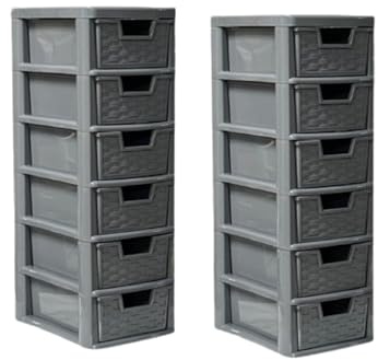 Khanary Plastic Storage Drawers Unit 6 Tier Small mini Tower Homes, Kitchen, Schools, Offices Plastic Drawer Organizer Desktop Table Top Drawers Stationary 26Dx19Wx60H (2, 6 Drawer Rattan Grey)