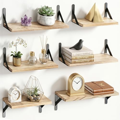 AMADA HOMEFURNISHING Wall Shelves Set of 6, Rustic Farmhouse Style, Wood Floating Shelves for Wall Decor, Bathroom & Bedroom Storage, Living Room Book Shelves, 6pcs