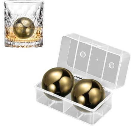 2 Stück 55 mm Edelstahl Kühlsteine, Extra Große Eiswürfel aus Metall, Runde Whisky Steine mit Kunststoffbox, Wiederverwendbare Kugelförmige Eiswürfel, Stainless Steel Ice Balls für Cocktail/Bier (B)