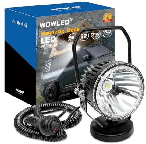 WOWLED 12V 50W 3.5 Inch Round Magnetic LED Work Light with Spotlight, Cigarette Lighter Plug, Portable, White, Aluminum Alloy, Modern Style