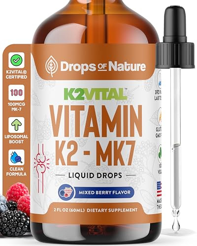 Vitamin K2 MK7 Liquid Supplement – Pure K2MK7 Menaquinone-7 (100 mcg) – Vegan, Non-GMO & Fast-Absorbing – Daily K2 Vitamin Supplement for Bone Strength & Cardiovascular Support (Mixed Berry, 60ml)