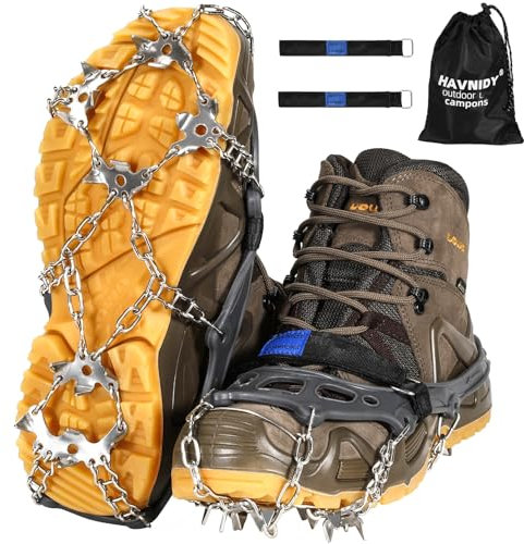 HAVNIDY Steigeisen,Eiskrallen für Schuhe und Stiefel,Schneekrallen mit 19 Edelstahl Spikes für Winterwanderungen, Angeln und Spaziergänge (L)
