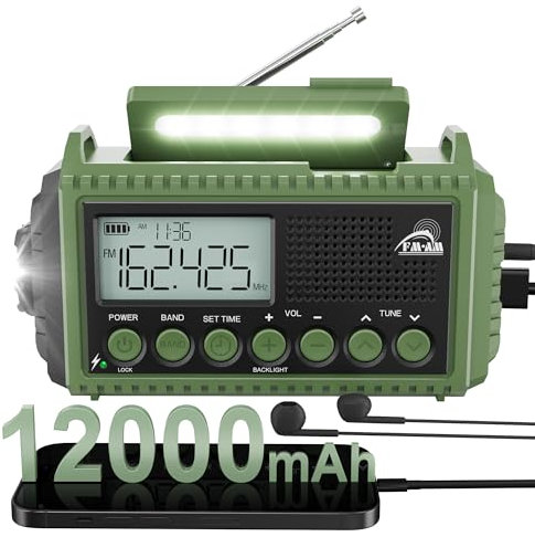 Notfallradio 12000 mAh, AM/FM/SW Kurbelradio, Handkurbel Blackout Notfallausrüstung, Taschenlampe & Leselicht, Powerbank Solar, Typ C/USB, SOS-Alarm, Emergency Radio für Wandern, Outdoor, Camping