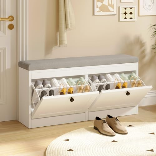 VOWNER Shoe Bench 2 Flip Drawers Shoe Storage Bench Adjustable Shelves