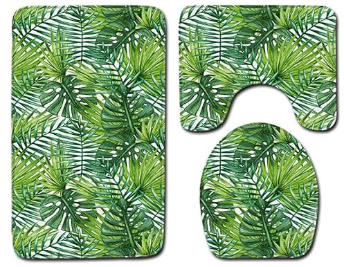 Badezimmerteppich Tropische Grüne Blätter WC Vorleger mit Ausschnitt WC Deckelbezug 3 Teiliges WC Teppich rutschfeste Badgarnitur U förmiger Badematte Waschbar Bad Teppiche Set 50x80 cm