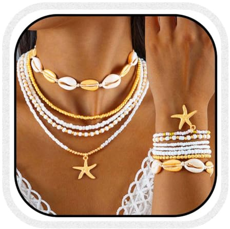 Reaky Boho Beaded Necklace Colorful Starfish Necklaces Layered Seashell Bracelet and Necklace Set Beach Accessories for Women (Pack of 12) (White)