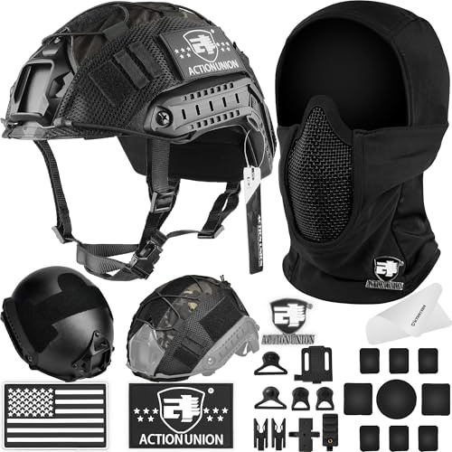 ACTIONUNION Airsoft Helmet and Mask Set Tactical Paintball Helmet and Balaclava Mesh Mask MH Type (Black, Large)