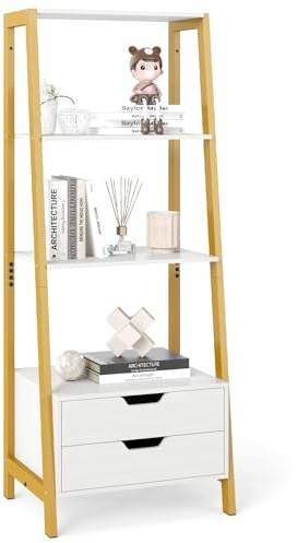 COSTWAY Steghylla fristående, 134 cm bokhylla med 4 öppna hyllor och 2 lådor, mångsidig stativhylla för sovrum, vardagsrum, hemmakontor (vitt och guld)