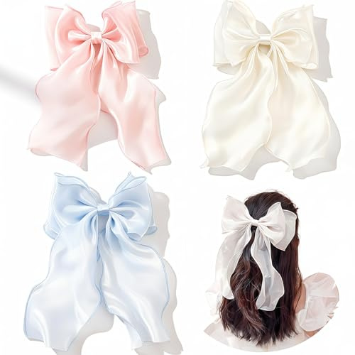 Cosyhav 3pcs Big Hair Bows, 3 Colours Hair Bows For Girls, Pearl Yarn Bow Clip for Women Girls (Blue, Pink, Champagne)