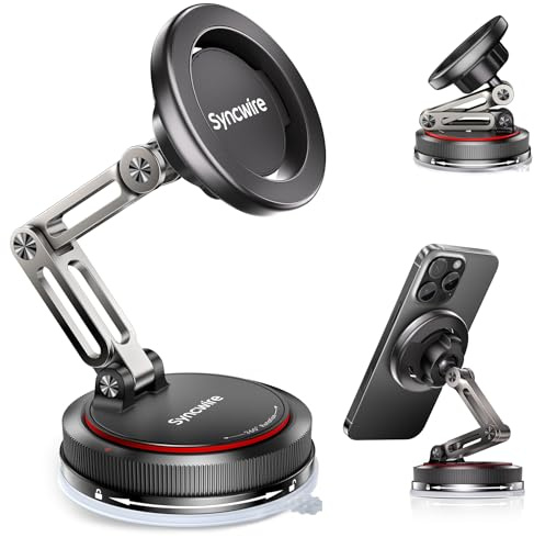 SYNCWIRE Support Voiture MagSafe [Conception Pliable Double à 3 Axes] Support Téléphone à Ventouse Puissante, Rotation à 360°, Compatible avec Les iPhone Série 12 à 17 & Coques MagSafe, Noir Mat