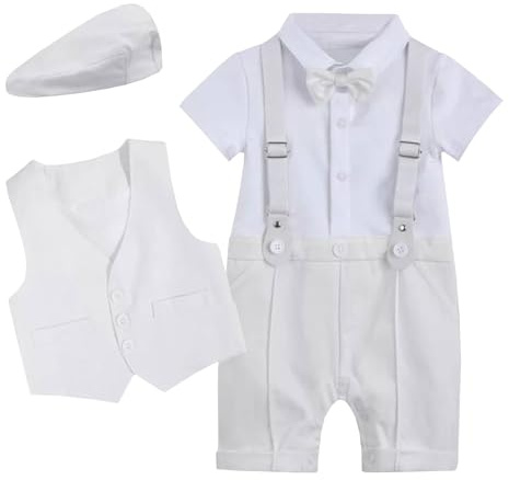 Yimutian Bébé Garçons Gentlemen Barboteuse Costumes Combinaison Nœud Papillon Gilet avec Chapeau Enfant Ensemble de Mariage de baptême Festif Blanc 0-3 mois