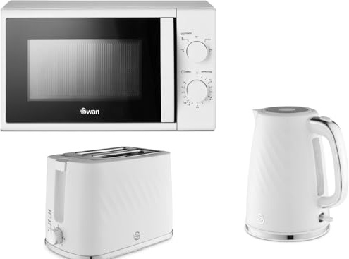 Swan Windsor White 1.7L 3KW Kettle, 2 Slice Toaster and 700W 20L Microwave SM4420WHT. Contemporary Matching Kitchen Set with a Premium Sleek White Finish