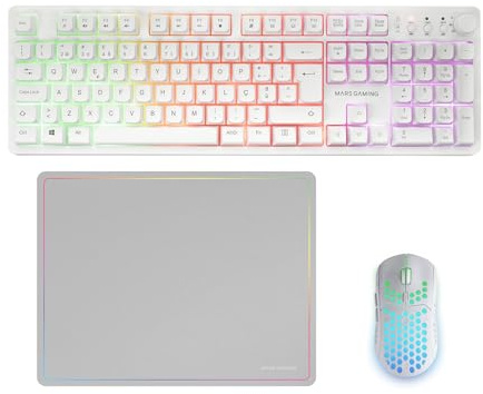 Mars Gaming MCPWX, Trådlös Gaming-Combo, DualPro Link 2.4GPRO-teknologi, Fullstorlek FRGB-tangentbord med Multimediakontroll + RGB 3200DPI-mus + Halkfri musmatta 360x260mm, Vit, Portugisiska