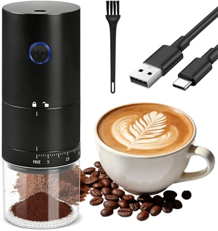 Focenat Macinacaffè Elettrico, Coffee Grinder Portatile con 38 Impostazioni Regolabili, USB Ricaricabile, Macina Caffè Granulometria Regolabile per semi e spezie, per Casa Ufficio Viaggi e Campeggio