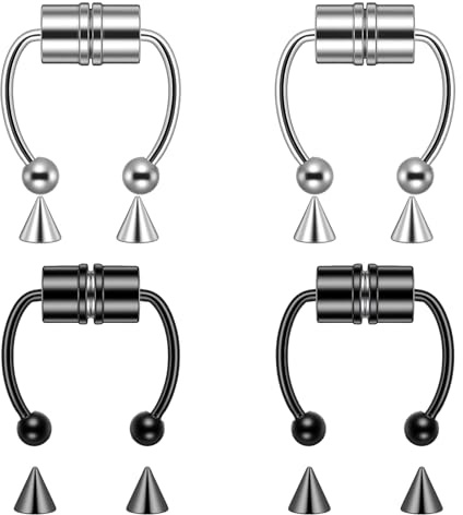 4 PCS 16g Fake Septum Piercing - Silver＆Black Horseshoe Fake Nose Rings | Stainless Steel Faux Piercing Jewelry for Septum for Men Women