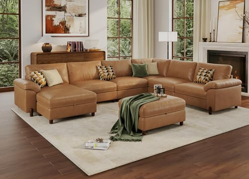 SITJOY 138 Oversized Sectional Couches for Living Room, Extra Large Deep Seat Modular Sofa with Washable Covers, Wide Couch, 6 Seater V Shaped Couch, Scratch-Resistant Faux Leather in Brown