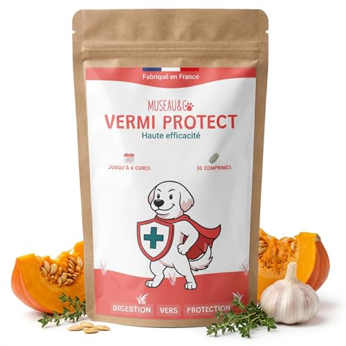 Vermifuge Naturel Chien Chat - Antiparasitaire Plantes Courge Ail Thym - vers Intestinaux - 30 Comprimés - Chien 2-10kg 10-20kg 20-40kg - Formulé par des Vétérinaires - Fabriqué en France