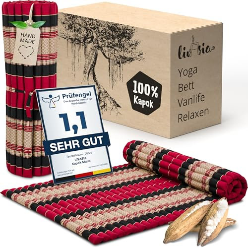 livasia Rollmatte Rollmatratze L breit bequem - 200x110x4,5cm - Gästebett Gästematratze 1 Person, Reisebett Kofferraum outdoor, Thaimatte Kapok Garten Balkon handgefertigt (Rot/Schwarz)