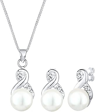 Elli Parure Da Donna Collana + Orecchini In Argento 925 Con Perla Di Acqua Dolce, Cristallo Swarovski, Taglio Brillante