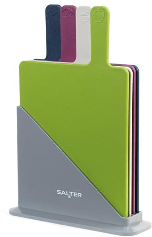 Set di schede di trinciatura con indice a palette rettangolari Salter BW04768 con indicatori per la preparazione degli alimenti, supporto antiscivolo, lavabile in lavastoviglie, multicolore, set di 4