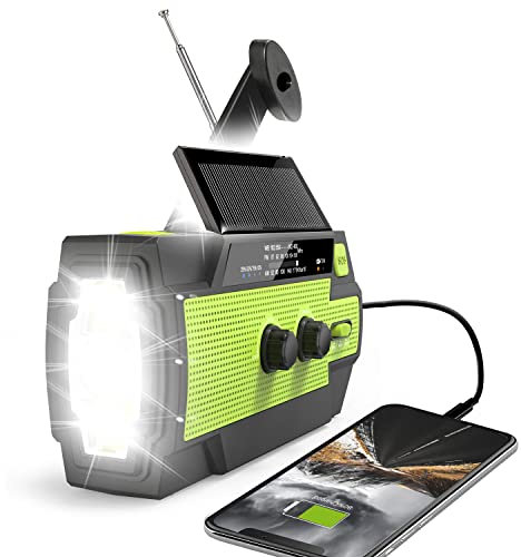 Wind Up Emergency Crank Radio，4000mAh-Solar Hand Crank Portable AM/FM/NOAA Weather Radio with 1W Flashlight&Motion Sensor Reading Lamp，Cell Phone Charger, SOS for Home and Outdoor