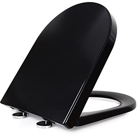 Fanmitrk Duroplast WC Sitz mit Absenkautomatik, Toilettendeckel leicht zu reinigen, WC Deckel Schnellverschluss und Befestigung von oben, Schwarz, D Form