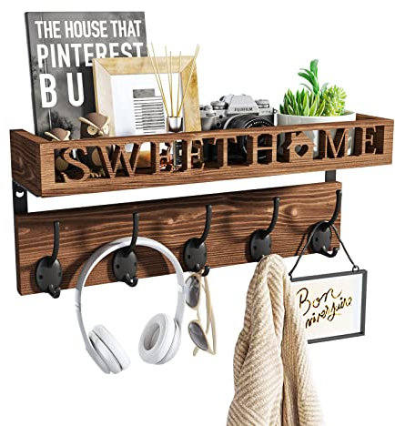 SWTYMIKI Wandgarderobe mit Ablage, Sweet Home Dekoration Kleiderhaken Wand mit 5 Metallhaken, Garderobenleiste für hängende Hüte, Kleidung im Eingang, Wohnzimmer, Schlafzimmer, Braun