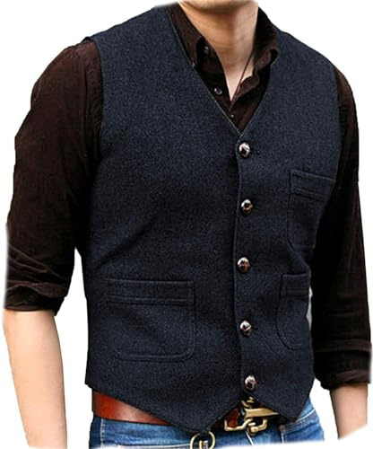 Solovedress Gilet da uomo vintage classico in lana da abito formale vestibilità regolare gilet da abito per matrimonio testimoni dello sposo, Blu marino, L