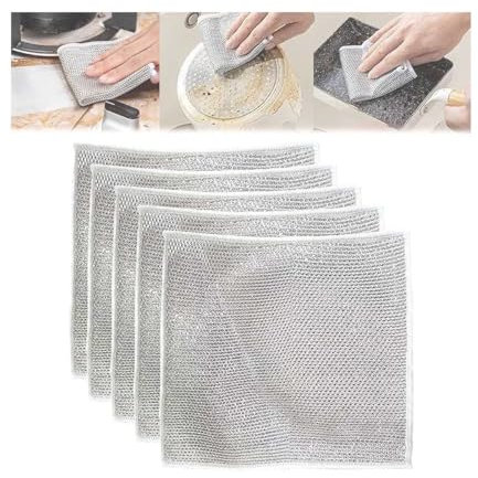Chiffons de lavage de vaisselle en fil polyvalents pour humide et sec, torchon métallique multifonctionnel anti-rayures, linges à vaisselle à récurer, chiffon de nettoyage torchon magique (5PCS)