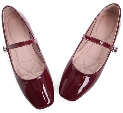 LUXINYU Women's Patent Leather Mary Jane Flats Classic Square Toe Ballet Flat Shoes with Buckle Strap Comfortable Work Flats,Red 6.5