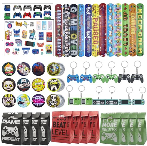 Mooshy 62 Stück Videospiel Party Mitbringsel Kindergeburtstag Junge mit Slap Armbänder Videospiel Schlüsselanhänger und Tattoo-Aufkleber Anstecknadeln Partyzubehör Videospiel Gastgeschenk für Kinder