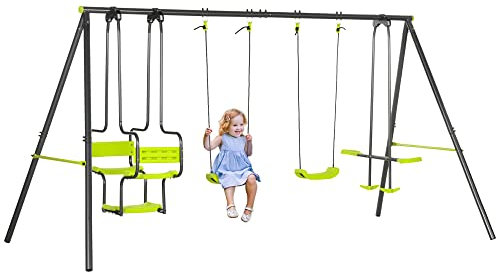 Outsunny Kids Swing Set, A-Frame Swing Set with Double Seats, 2 Single Swings, Glider for Outdoor, Playground, for Ages 3-8 years, Green