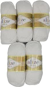 5 x 100 Gramm Strickgarn Ilkadim Export Diva einfarbig, 500 Gramm merzerisierte Strickwolle microfiber-Acryl (weiss 55)