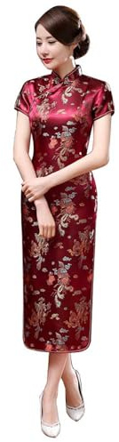 ZNLFS Cheongsam Dress for Women Evening Dress Short Sleeve Slim Fit Retro Long Printed Stand Collar Bodycon Qipao