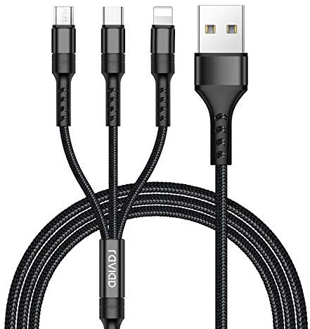 RAVIAD Câble Multi USB, 3 en 1 Multi Chargeur USB Câble en Nylon Tressé avec Micro USB Type C Connecteurs pour Samsung Galaxy S24/S23/S22/S21,Huawei p30/P20,Honor,OnePlus,Wiko,Kindle-2M (Noir)
