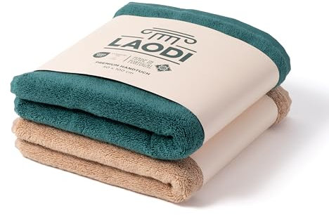 LAODI Premium Handtücher 2er Set – 50x100 – 2-Farben-Set – Antikes Grün + Honigpfirsich – 100 % Baumwolle – 570 g/m² – Hergestellt in Portugal